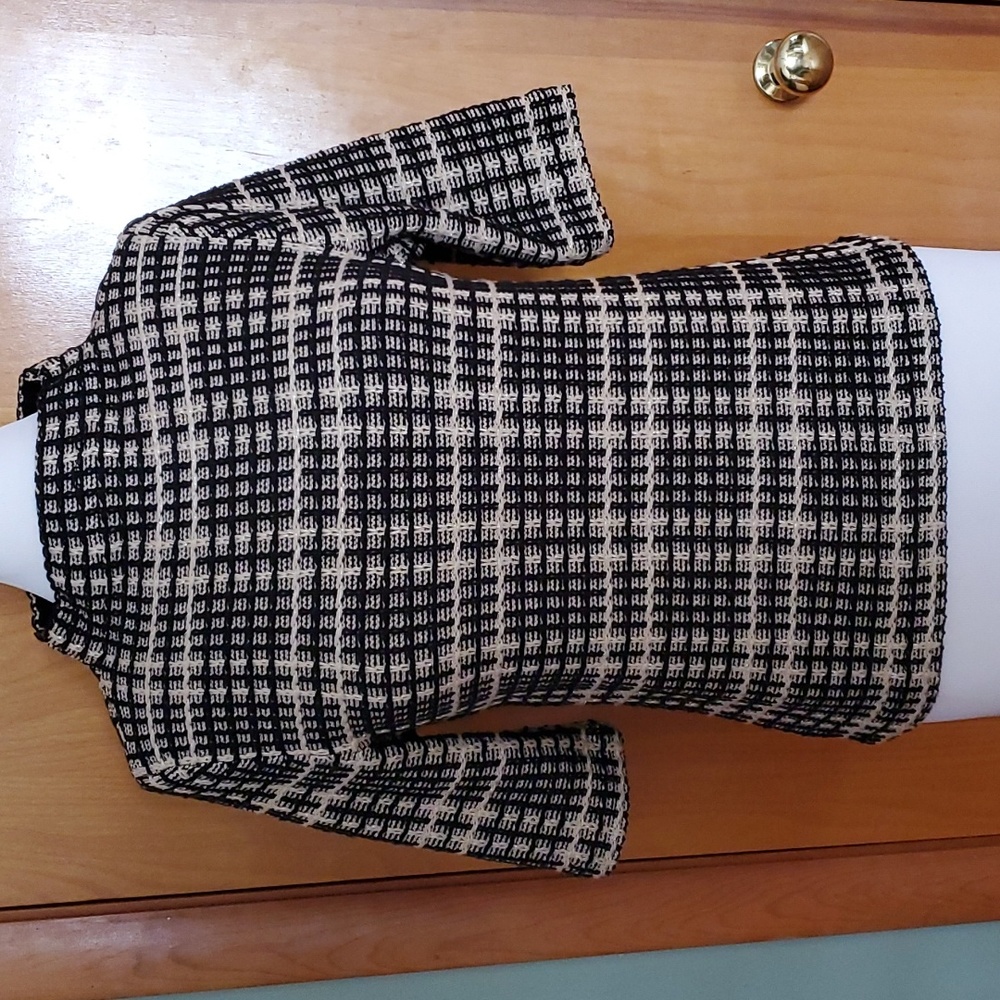 Ann Taylor Shimmer Plaid Mock Neck Sweater - Black, Tan, Ivory - Size S
